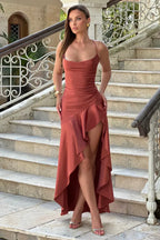 Satin Cowl Neck Wedding Guest Dress with Slit Brown 13