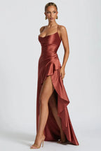 Satin Cowl Neck Wedding Guest Dress with Slit Brown 15