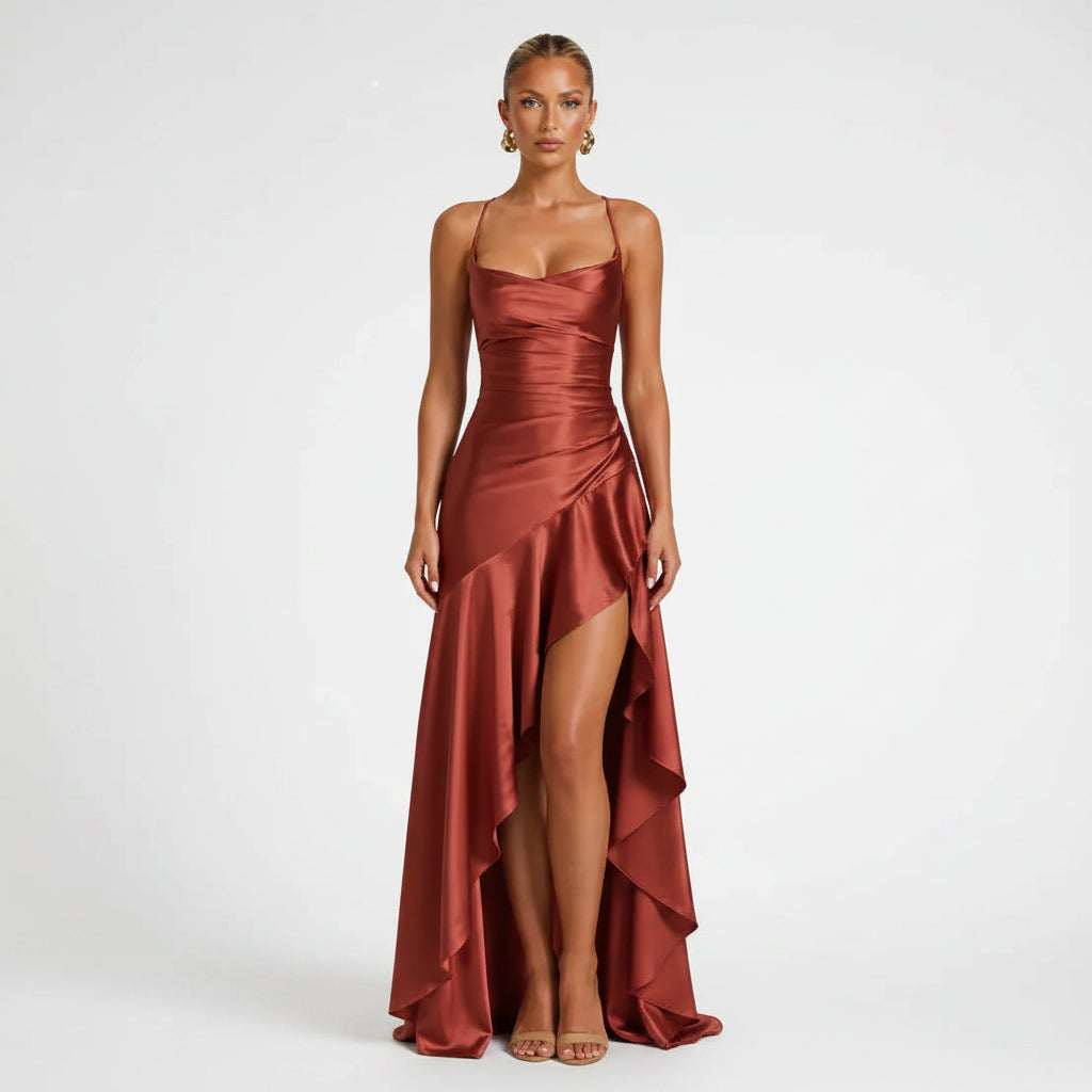 Satin Cowl Neck Wedding Guest Dress with Slit Brown 16
