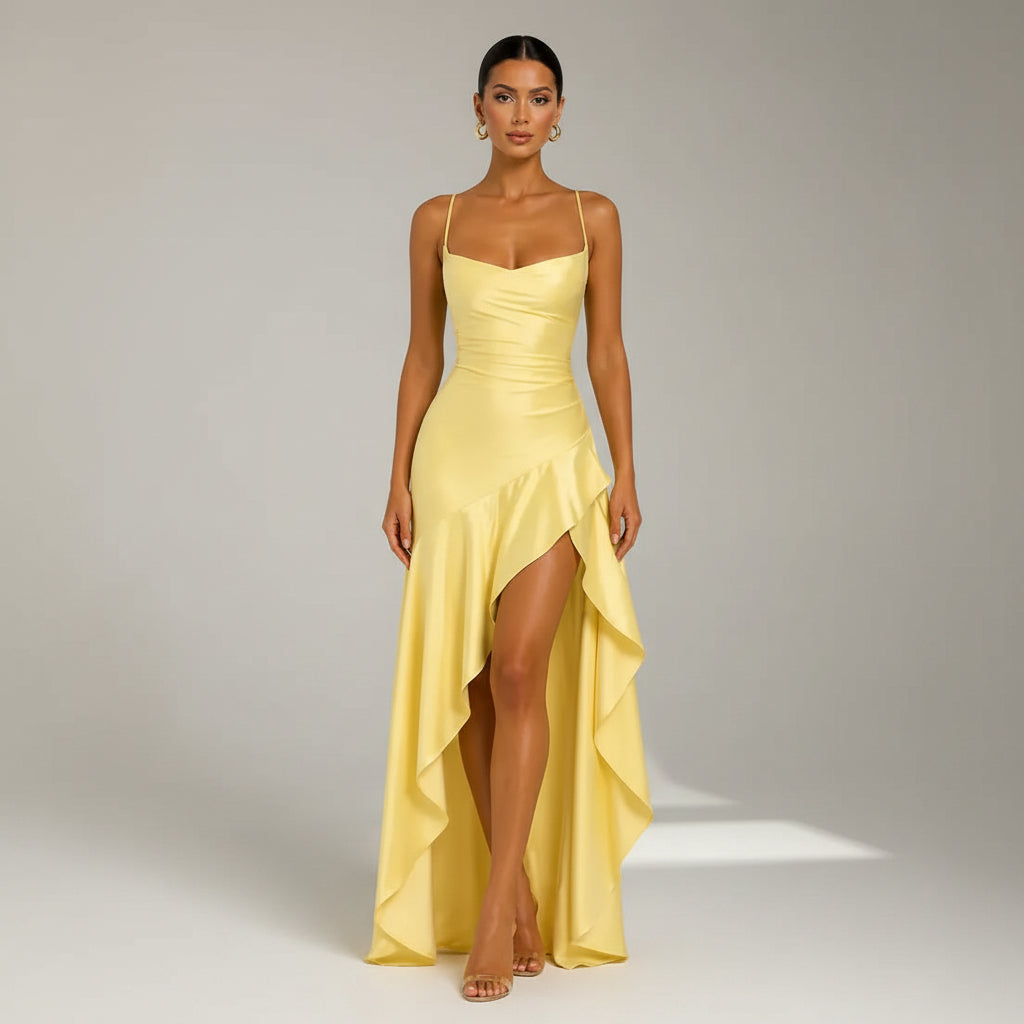 Satin Cowl Neck Wedding Guest Dress with Slit Yellow 2