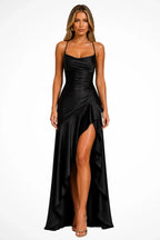 Satin Cowl Neck Wedding Guest Dress with Slit Black 4