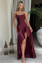 Satin Cowl Neck Wedding Guest Dress with Slit Bordeaux 7