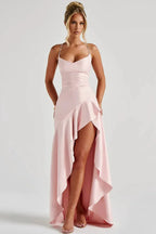 Satin Cowl Neck Wedding Guest Dress with Slit Pink 9