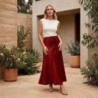 Satin Drawstring Maxi Skirt Dark Red 1