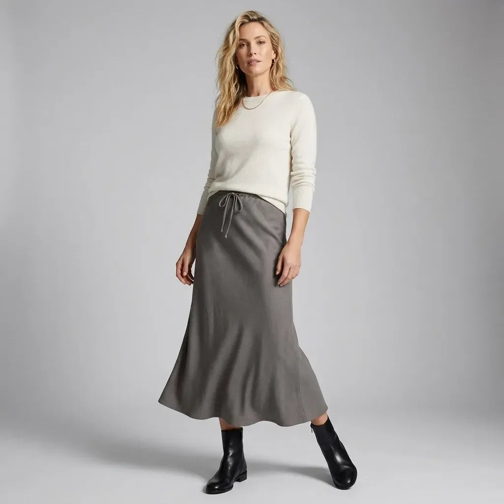 Satin Drawstring Maxi Skirt Grey 11