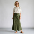 Satin Drawstring Maxi Skirt Dark Green 2
