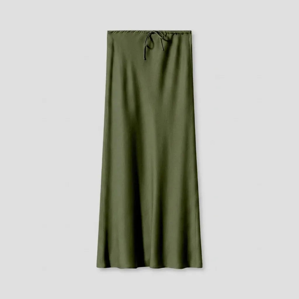 Satin Drawstring Maxi Skirt Dark Green 9
