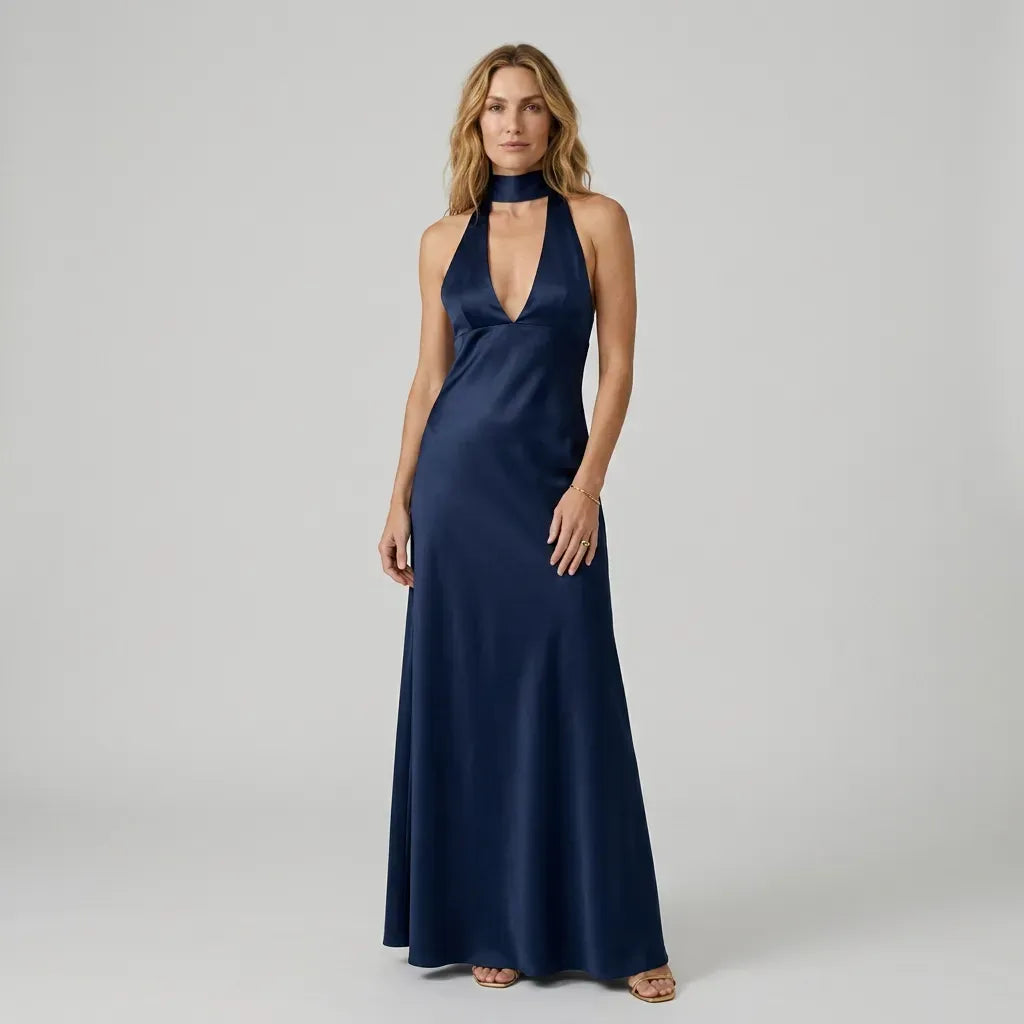 Satin Halter Neck Black Tie Dress for Gala Navy 2