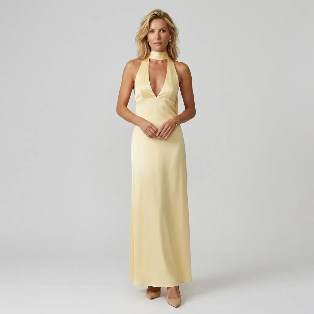Satin Halter Neck Black Tie Dress for Gala Yellow 4