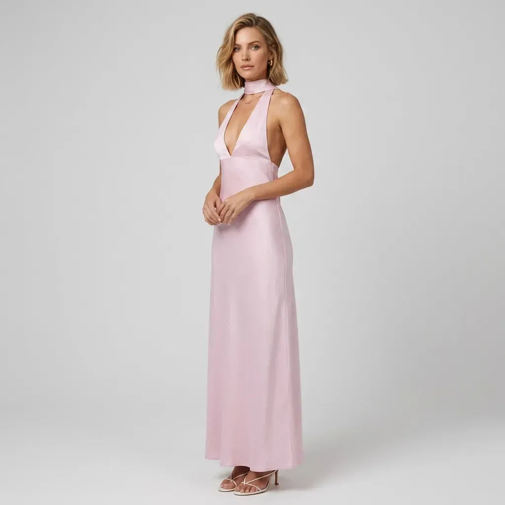 Satin Halter Neck Black Tie Dress for Gala Dusty Rose 6