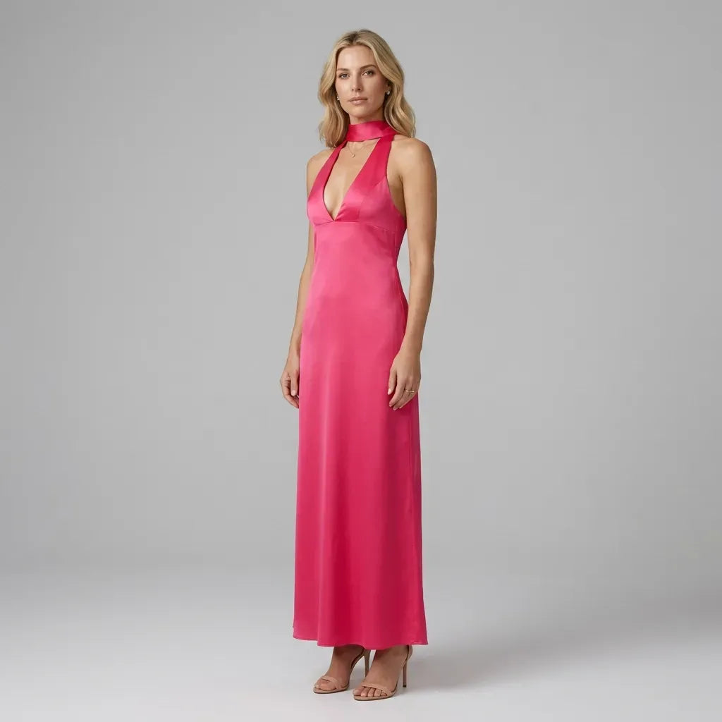 Satin Halter Neck Black Tie Dress for Gala Pink 8