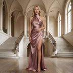 Satin Halter Neck Black Tie Dress with Slit Pink 1