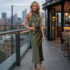 Satin Halter Neck Midi Dress Dark Green 3