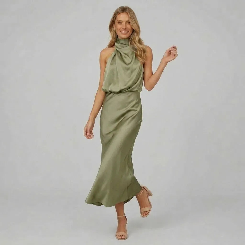Satin Halter Neck Midi Dress Green 4