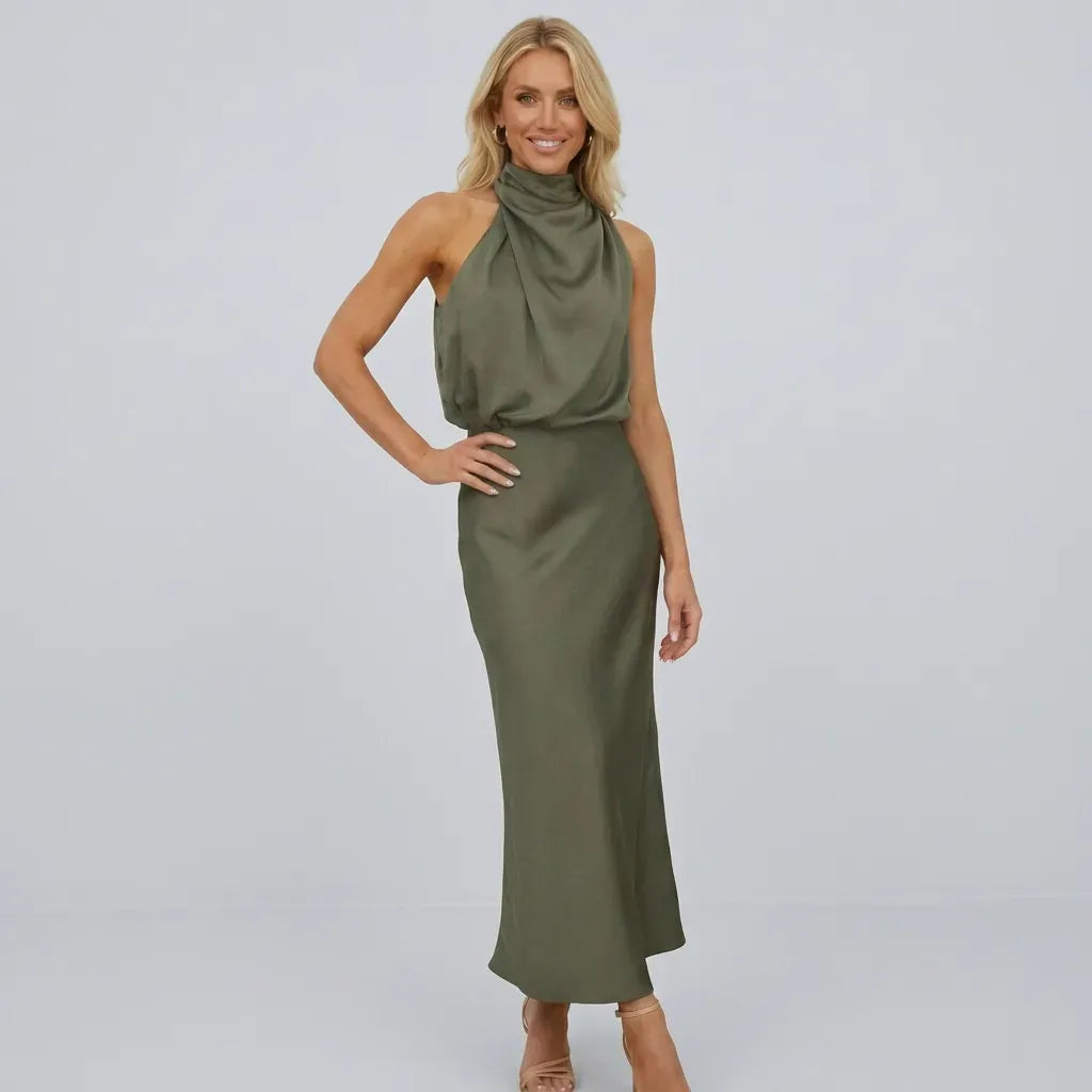Satin Halter Neck Midi Dress Dark Green 7