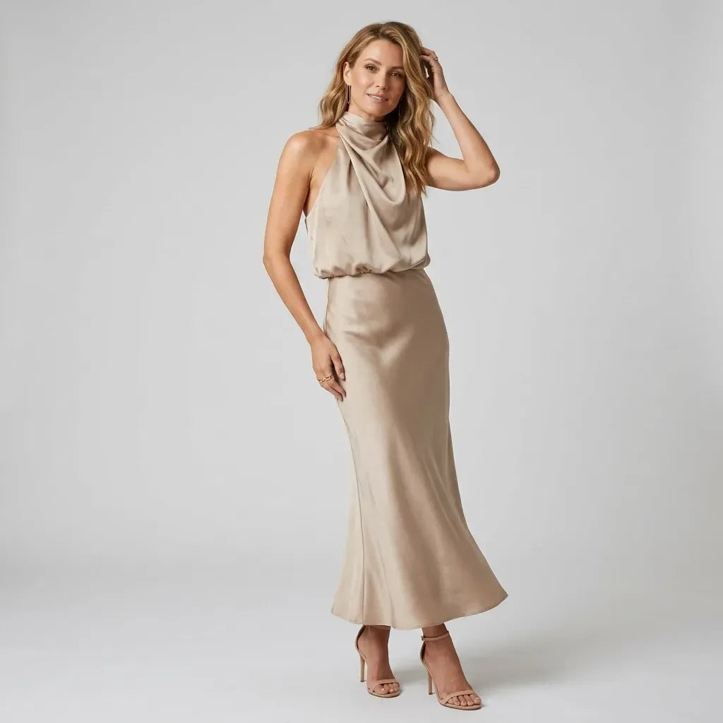 Satin Halter Neck Midi Dress Khaki 9