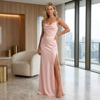 Satin Maxi Dress with Cowl Neck and Slit Pink 1