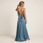 Satin Maxi Dress with Cowl Neck and Slit Blue 3