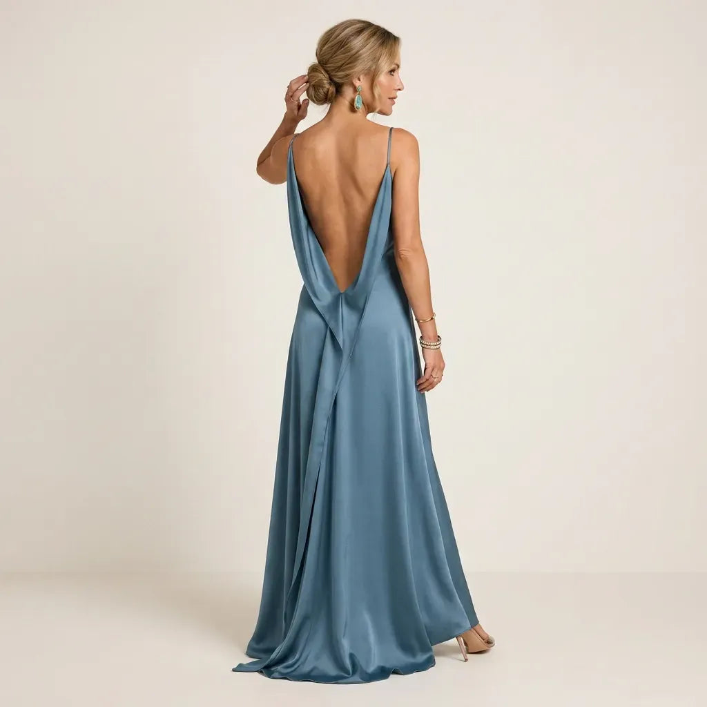 Satin Maxi Dress with Cowl Neck and Slit Blue 3