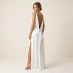 Satin Maxi Dress with Cowl Neck and Slit White 4
