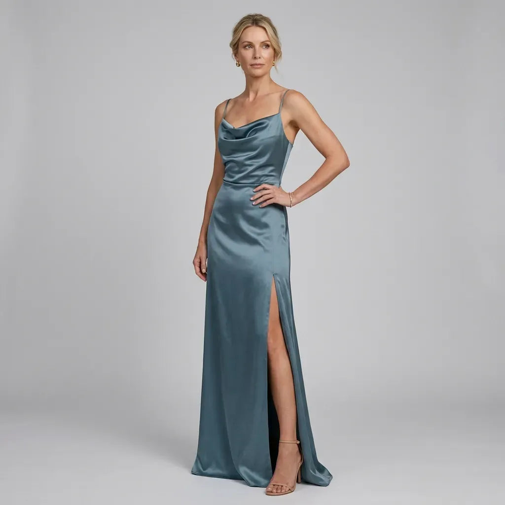 Satin Maxi Dress with Cowl Neck and Slit Blue 5