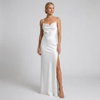 Satin Maxi Dress with Cowl Neck and Slit White 6
