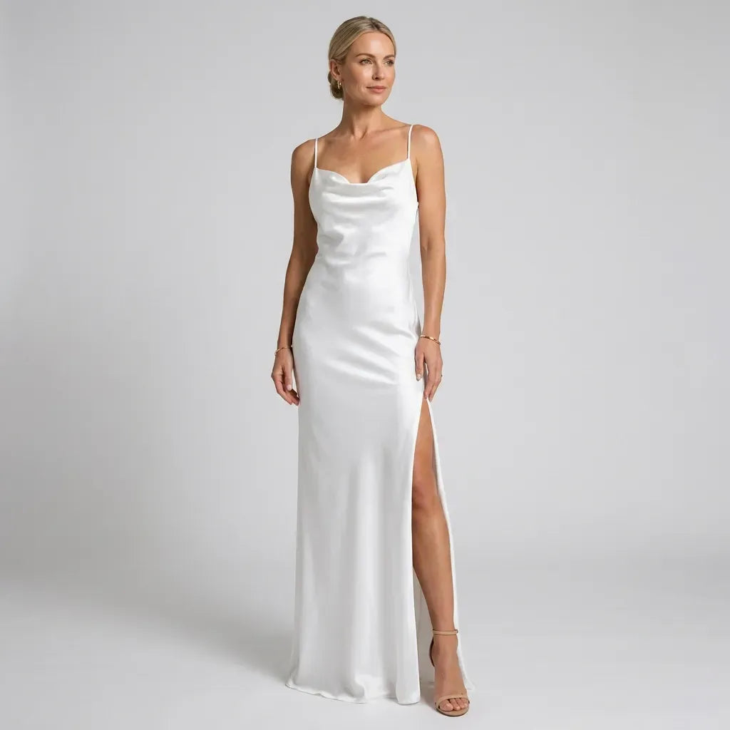 Satin Maxi Dress with Cowl Neck and Slit White 6