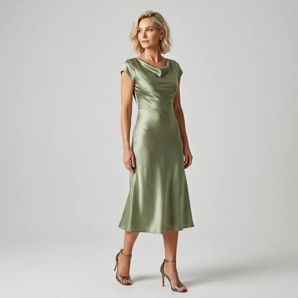 Satin Midi Cocktail Dress with A-Line Skirt Green 3
