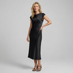 Satin Midi Cocktail Dress with A-Line Skirt Black 4