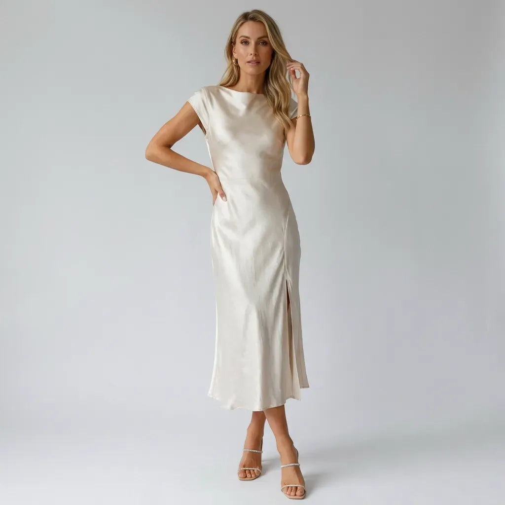 Satin Midi Cocktail Dress with A-Line Skirt White 5