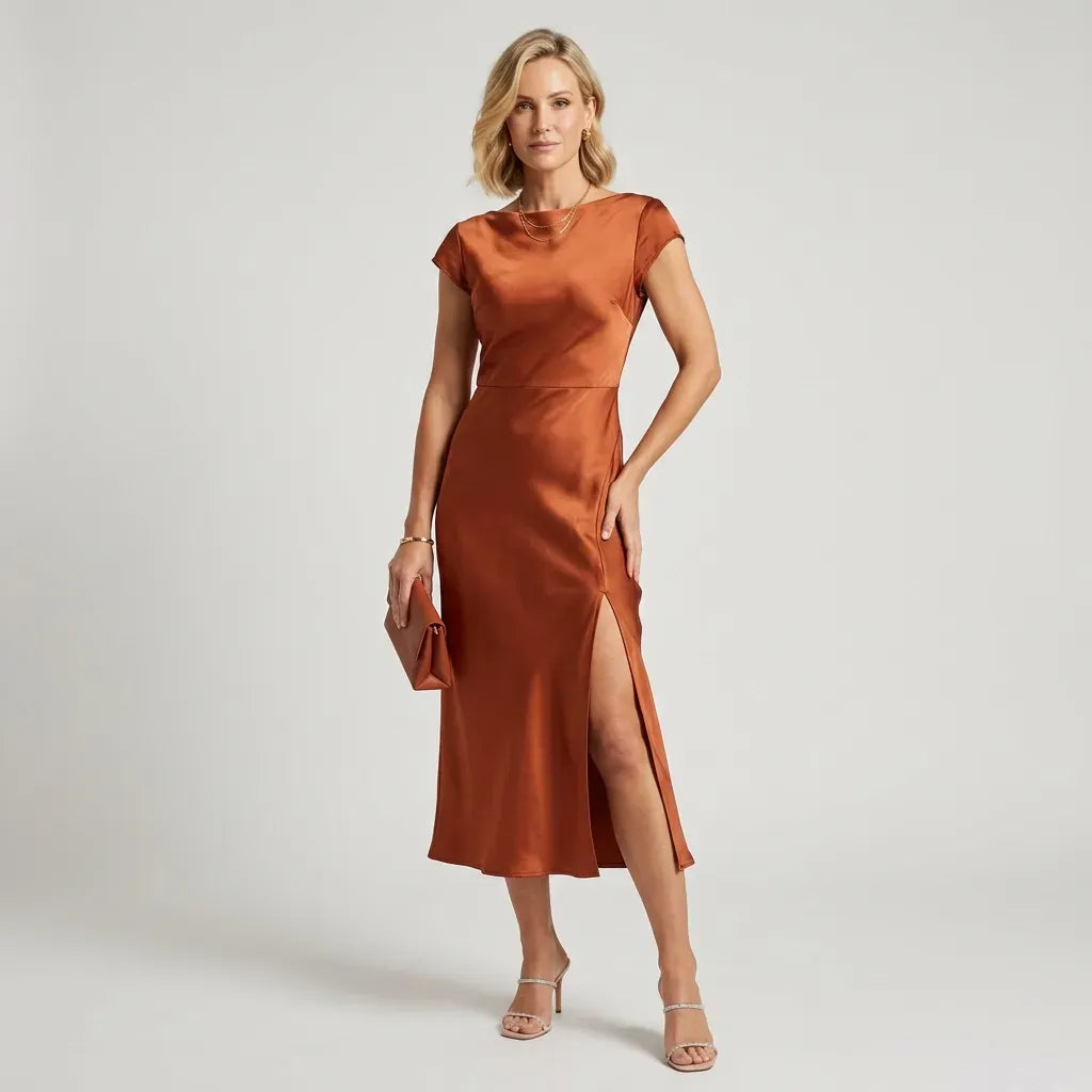 Satin Midi Cocktail Dress with A-Line Skirt Light Brown 6