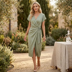 Satin Midi Wrap Dress with V Neck Green 2