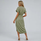 Satin Midi Wrap Dress with V Neck Green 3