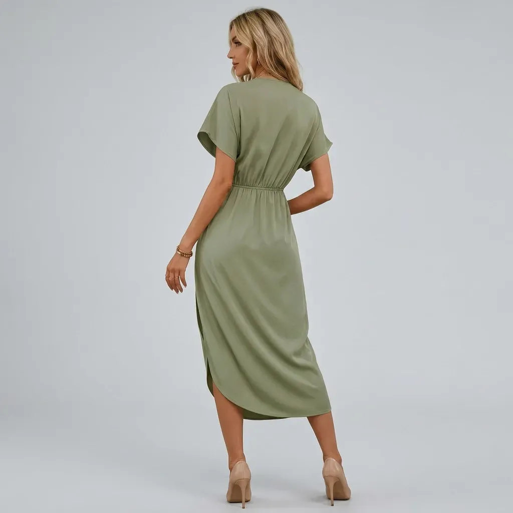 Satin Midi Wrap Dress with V Neck Green 3