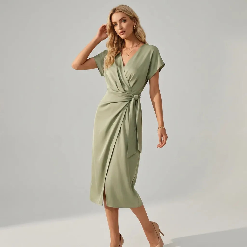 Satin Midi Wrap Dress with V Neck Green 4
