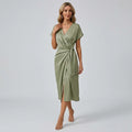 Satin Midi Wrap Dress with V Neck Green 5
