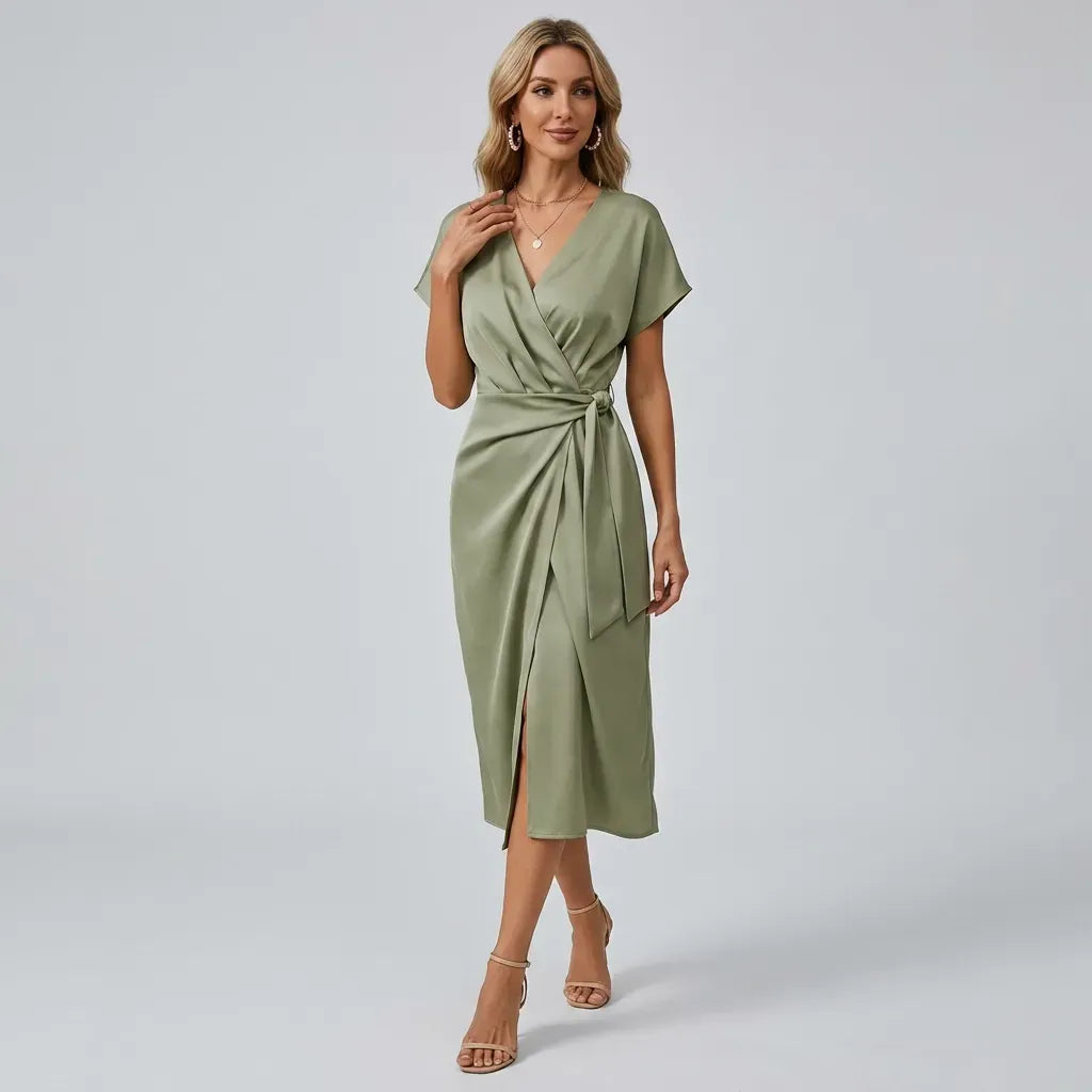 Satin Midi Wrap Dress with V Neck Green 5