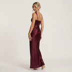 Satin Black Tie Dress with Ruched Waist Bordeaux 4