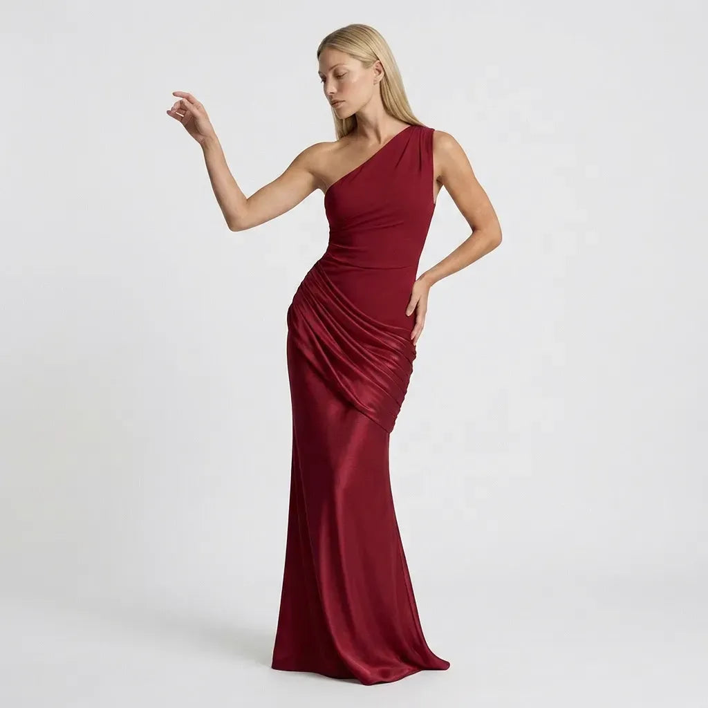 Satin One Shoulder Black Tie Dress Red 1
