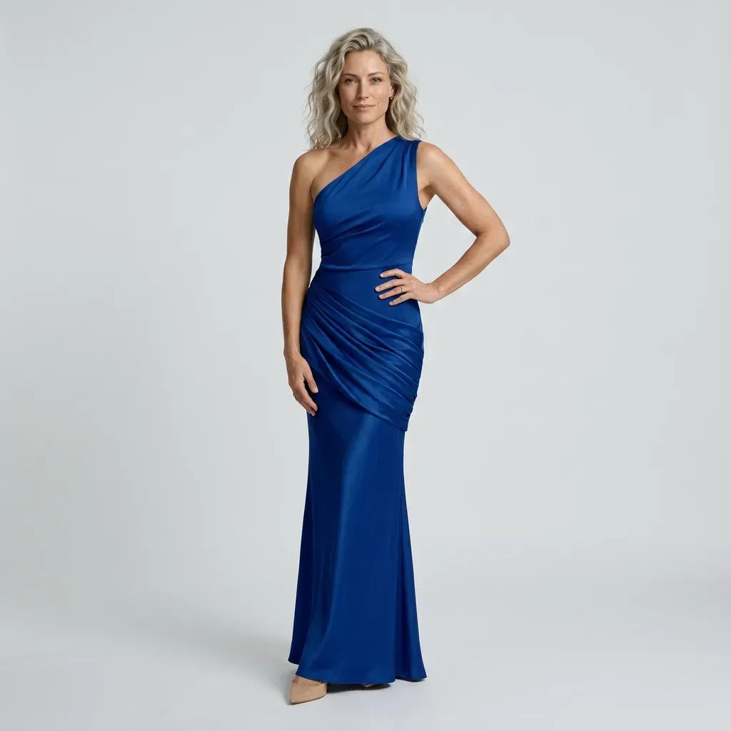 Satin One Shoulder Black Tie Dress Blue 10