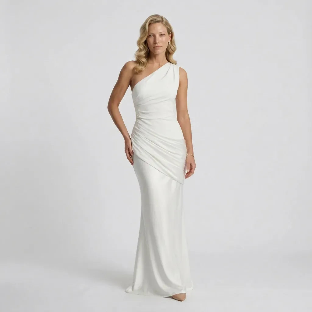 Satin One Shoulder Black Tie Dress White 13
