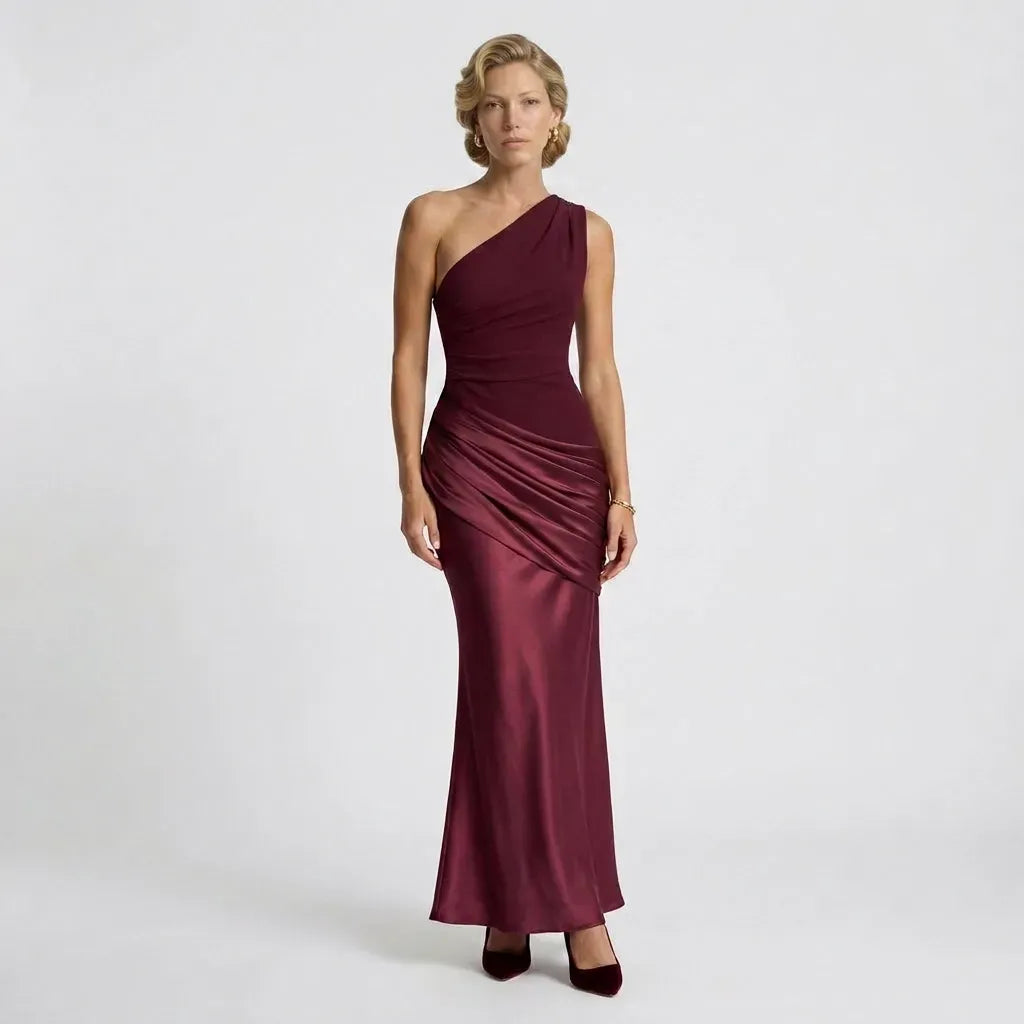 Satin One Shoulder Black Tie Dress Bordeaux 14