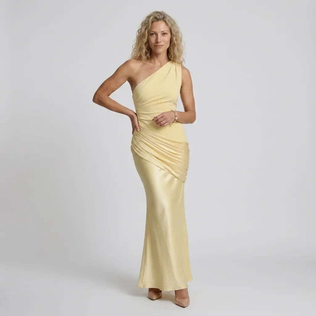 Satin One Shoulder Black Tie Dress Yellow 16