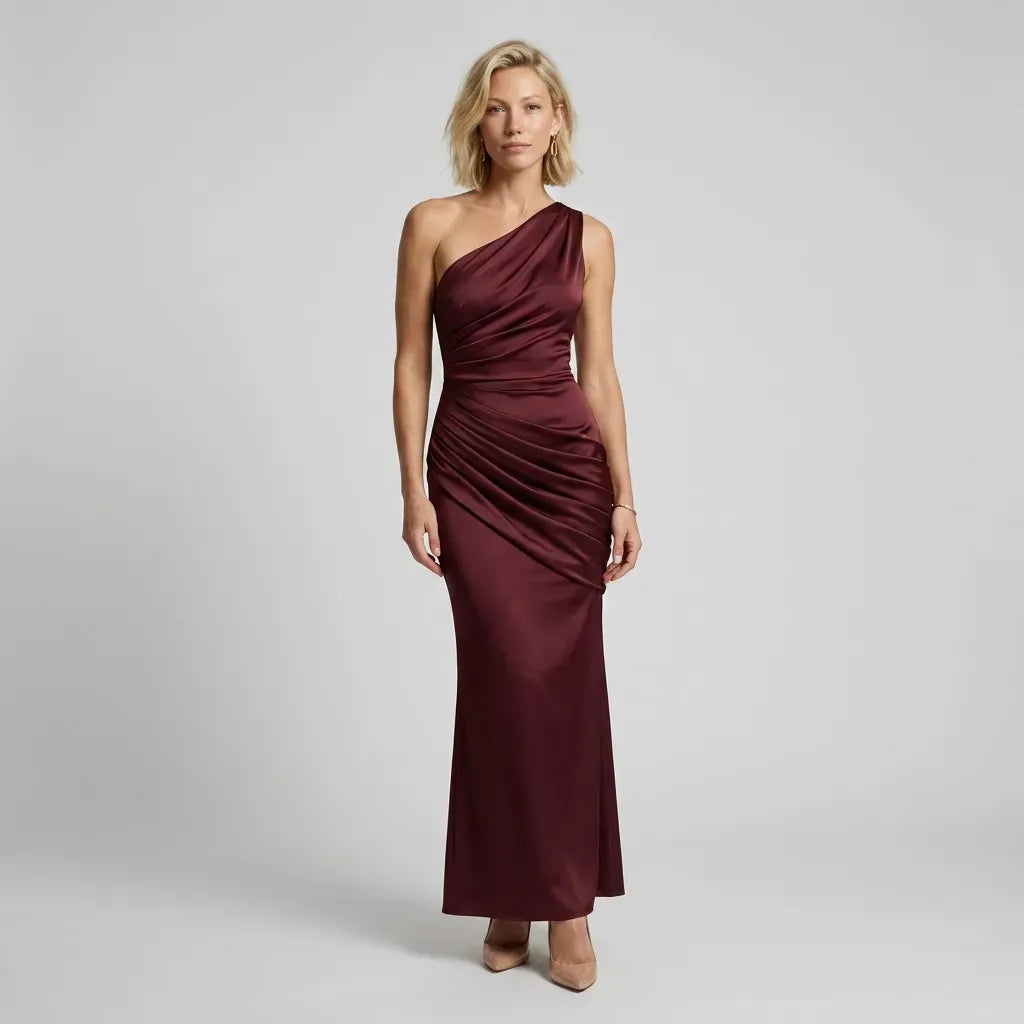 Satin One Shoulder Black Tie Dress Brown 17