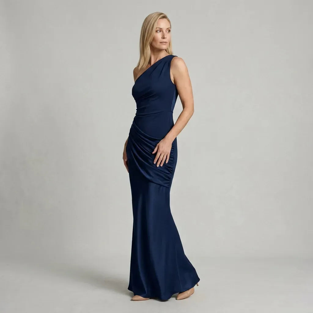 Satin One Shoulder Black Tie Dress Navy 2