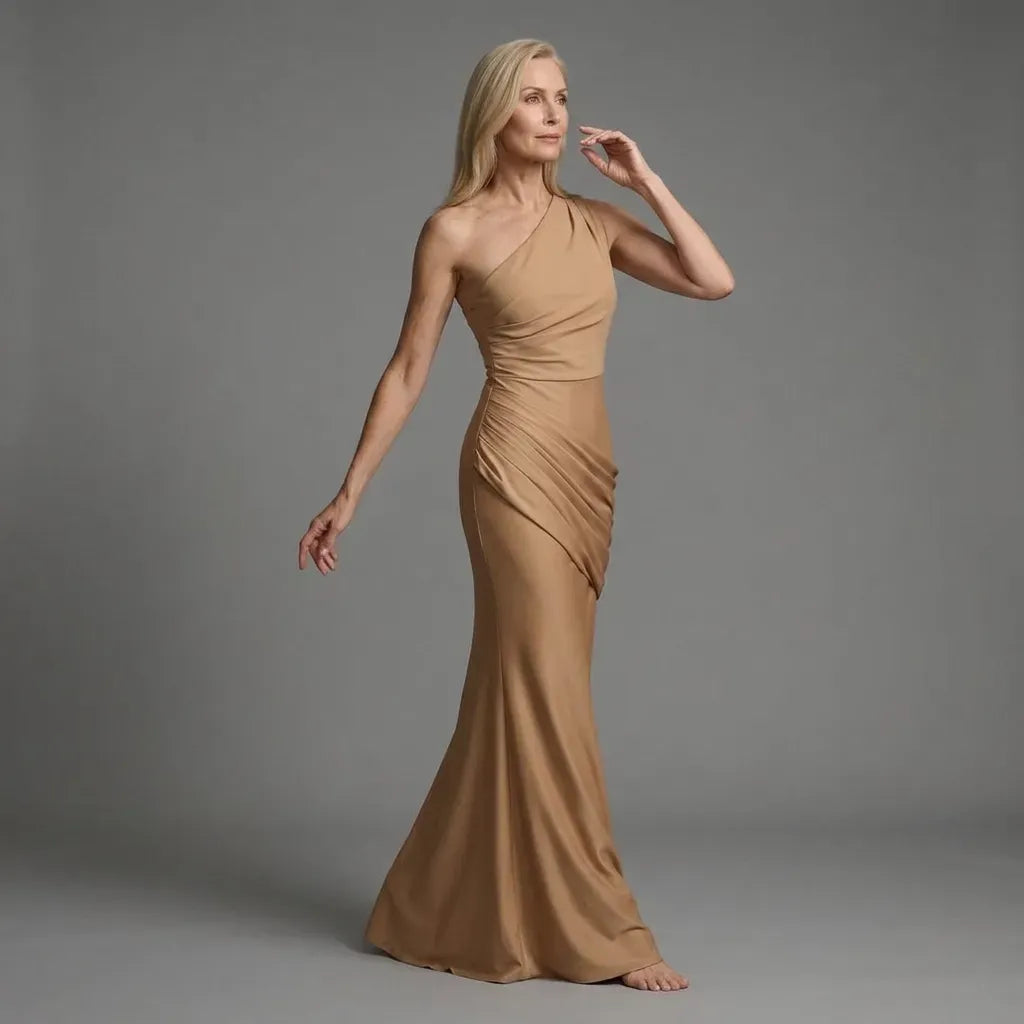 Satin One Shoulder Black Tie Dress Khaki 5