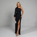 Satin One Shoulder Black Tie Dress with Slit Black 3