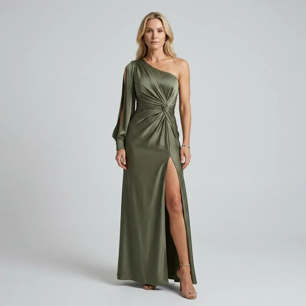 Satin One Shoulder Black Tie Dress with Slit Olive 4