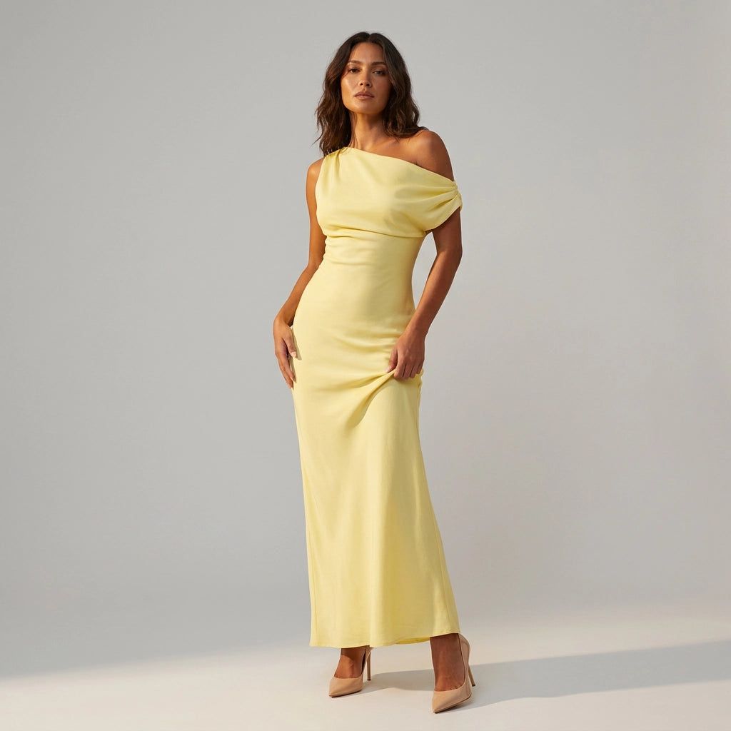 Satin One-Shoulder Maxi Dress in Yellow – 1