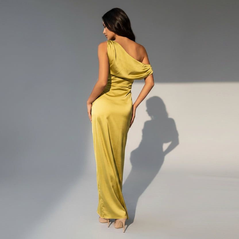 Satin One-Shoulder Maxi Dress in Yellow – 2
